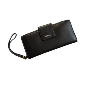 Fossil Wristlet Wallet Womens One Size Black Madison Zip Clutch Leather